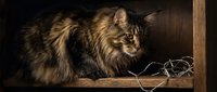Fluffy tabby cat with long fur sitting on wooden shelf in dark room, looking alert and curious at tangled rope toy nearby.