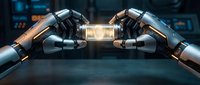 Two advanced robotic arms reaching toward each other with glowing energy connection in futuristic laboratory setting for technology concepts.