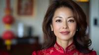 Asian woman wearing traditional red cheongsam dress with embroidered details smiles warmly at camera, soft natural lighting creates professional portrait atmosphere.