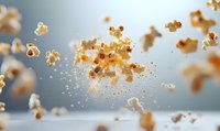 Flying popcorn kernels scattered in mid-air against blurred background, creating dynamic motion effect with warm golden tones and soft lighting.
