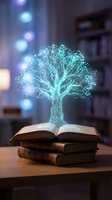 Digital tree with circuit board branches glowing in turquoise light emerging from open books on wooden desk in library setting, representing knowledge, learning, technology integration, artificial intelligence.