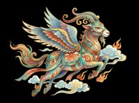Ornate flying goat with wings and flames, Asian folk art style, isolated on transparent background, for t-shirt design, stickers, print on demand, sublimation.