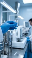 Laboratory scientist hand in blue gloves holding test tube in modern research facility with equipment and colleague working in background.