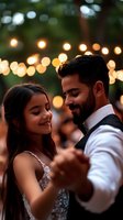 Young couple dancing at outdoor evening wedding reception with romantic string lights creating magical bokeh effect in background. Bride wears lace gown.