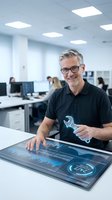 Mature Caucasian businessman with glasses smiling while using interactive touchscreen display with data analytics in modern office workspace.