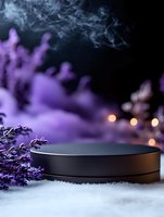 Black round podium with lavender flowers on snowy surface against purple background with bokeh lights and mystical smoke, creating magical atmosphere.
