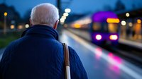 Senior man waiting at train station platform at dusk, with blurred purple train lights in background creating atmospheric evening scene. Rear view composition.
