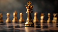 Golden chess queen piece standing on chessboard with blurred pawns in background, dramatic lighting highlights strategy and leadership concept in business.