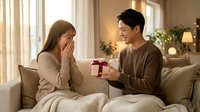 Young Asian couple sharing romantic moment as man surprises woman with gift box on cozy living room sofa during golden hour lighting.