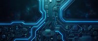 Futuristic circuit board with glowing blue pathways and electronic components on dark background for technology and digital innovation projects.