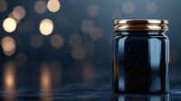 Glass jar with metal lid on dark background with soft bokeh lights, creating moody atmospheric composition for food packaging and product photography.