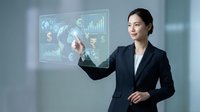 Professional Asian businesswoman in dark suit interacting with futuristic holographic financial interface displaying global data and currency symbols.