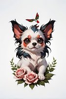Adorable long-haired chihuahua puppy with pink roses and red butterfly, artistic style illustration on light background. For prints and merchandise design.