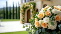 Elegant peach and white rose bouquet with eucalyptus greenery in foreground, wedding arch decorated with flowers and Mediterranean villa entrance in soft focus background.