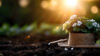 Decorative straw hat with white flowers on garden soil at sunset, creating magical atmosphere with natural bokeh and golden sunlight. Perfect for gardening themes.