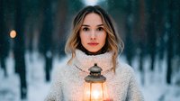 Young woman with ombre hair holding vintage lantern in snowy forest at dusk, wearing cozy knit turtleneck sweater against winter backdrop.