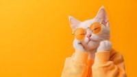 White cat wearing orange sunglasses and matching orange sweater sleeves posing against vibrant yellow background, expressing contentment and style. Modern pet fashion concept.