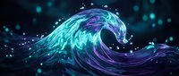 Digital wave with flowing cyan and purple energy particles creating dynamic motion against dark background, suitable for technology, data visualization, and modern design projects.