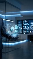 Businessman in dark suit holding glowing digital interface displaying real estate and property management icons in modern office with blue neon lighting.