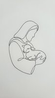 Minimalist line art of woman tenderly holding lamb in continuous single stroke drawing style on neutral background for modern decor and spiritual themes.