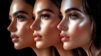 Young woman with medium skin tone and brown eyes shown in three profile angles, demonstrating facial structure and makeup application for beauty, cosmetics, and skincare product marketing purposes.