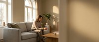 Young woman relaxing on beige sofa in bright living room with warm sunlight streaming through large windows creating peaceful home atmosphere.