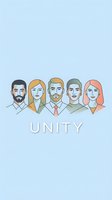 Diverse group of five professional people standing together with unity text on light blue background for teamwork and collaboration concepts.