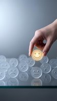 Hand selecting glowing happy face emoji from collection of sad and neutral expressions representing positive mindset and emotional choice.