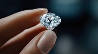 Sparkling round cut diamond held between fingers with neutral manicure against dark background, showcasing brilliance and clarity of precious gemstone in jewelry setting.