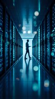 Silhouette of IT professional walking through modern data center corridor with glowing server racks and blue lighting creating atmospheric tech environment.