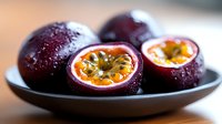 Fresh passion fruits cut in half showing juicy pulp and seeds on dark plate, selective focus with natural lighting. Food photography for restaurant menus.