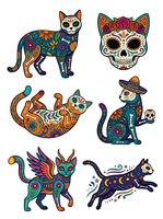 Colorful day of the dead cat illustrations with ornamental floral patterns, skulls, and decorative elements. Isolated clipart set ready for t-shirt designs and merchandise.