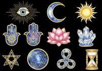 Mystical spiritual symbols set isolated on transparent background, including evil eye, moon, sun, hamsa, lotus, crystals, star, and hourglass for stickers, clipart, t-shirt design.