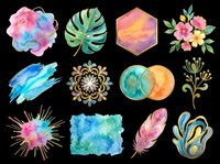 Watercolor clipart set with floral, botanical, and decorative elements, isolated on transparent background. Ready for stickers, t-shirt design, sublimation, and print on demand.