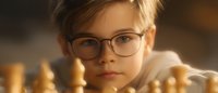 Young Caucasian boy with glasses concentrating on chess game, wooden chess pieces in foreground, warm lighting creates thoughtful atmosphere for educational and strategic concepts.