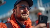 Confident male sailor in orange safety jacket using smartphone on vessel deck against blue sky background.