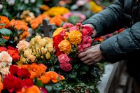Hands in warm winter jacket selecting vibrant fresh roses and carnations at outdoor flower market, colorful blooms in red, orange, yellow and pink tones.