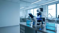 Modern laboratory interior with microscope and test tubes on workbench. Clean scientific research facility with blue lighting and equipment for medical analysis.