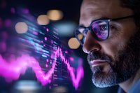 Middle-aged bearded Caucasian businessman wearing glasses studies glowing pink financial market data charts reflected in his lenses against dark background with bokeh lights.