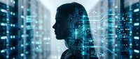 Human silhouette with digital circuit patterns and glowing data streams in futuristic technology environment for AI and machine learning concepts.