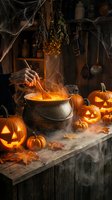 Witch stirring glowing potion in cauldron surrounded by carved jack-o-lanterns, cobwebs, and autumn leaves for spooky seasonal decorations and Halloween party themes.