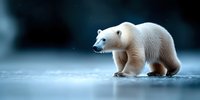 Polar bear walking on frozen arctic ice during blue twilight hour, powerful predator in natural habitat showing strength and survival in harsh climate conditions.
