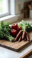 Fresh organic vegetables on rustic wooden cutting board in bright kitchen. Kale, red bell peppers, carrots and greens ready for healthy cooking and meal prep.