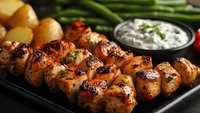 Grilled chicken skewers with golden-brown char marks served on dark plate with roasted potatoes, green beans and creamy herb dipping sauce. Close up food photography.
