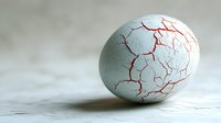 Cracked egg with red veins pattern on pale blue shell against light background creates mysterious and dramatic mood for creative projects.