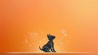 Silhouette of a dog sitting in profile against an orange gradient background with glowing digital icons and connected nodes, representing technology, artificial intelligence, and smart pet care solutions.