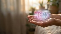 Close-up of hands holding glowing pink brain hologram with neural network patterns, representing artificial intelligence, mental health, innovation and technology concepts.