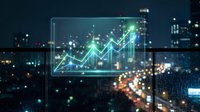 Digital financial growth chart with upward trending arrow overlaying blurred city lights at night representing business success and market analytics.