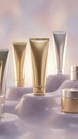 Luxury cosmetic tubes and jars in gold and silver tones on soft purple background for premium skincare and beauty product packaging design.