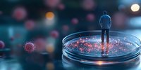 Man in business attire standing on petri dish observing microscopic virus particles in surreal scientific laboratory setting with glowing bokeh lights and floating molecules.